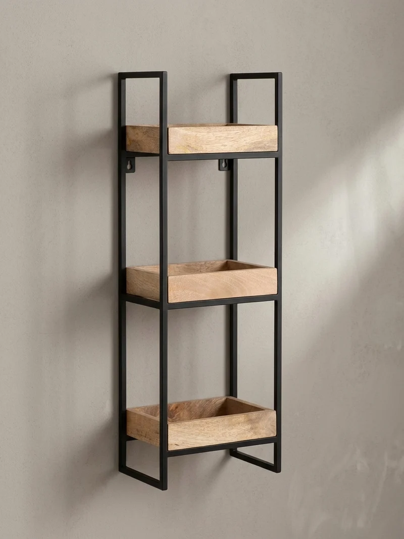 Wandregal Mango Massivholz Metall Industrial Stil 27x77x18 cm Rechteckig mit 3 Ablagen