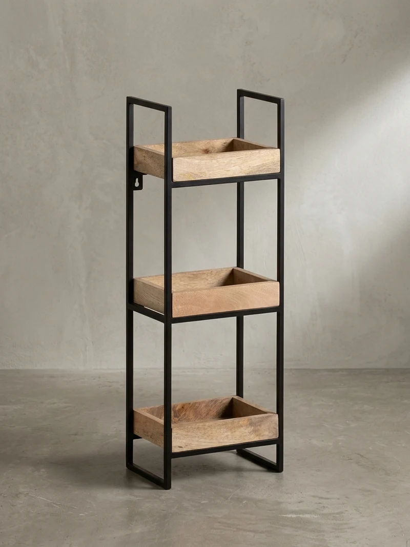 Wandregal Mango Massivholz Metall Industrial Stil 27x77x18 cm Rechteckig mit 3 Ablagen