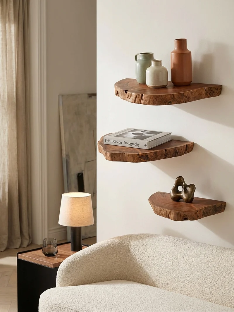 Wandregal Akazie Massivholz Modern Stil 3er Set Baumscheibe mit Baumkante