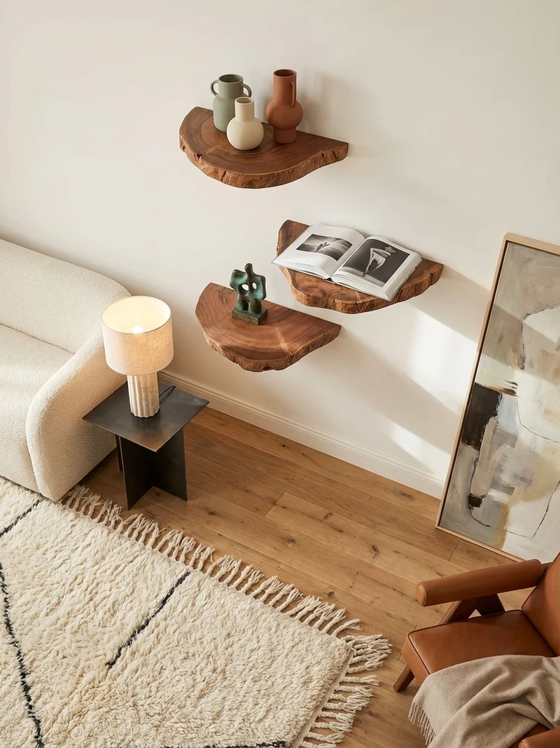 Wandregal Akazie Massivholz Modern Stil 3er Set Baumscheibe mit Baumkante