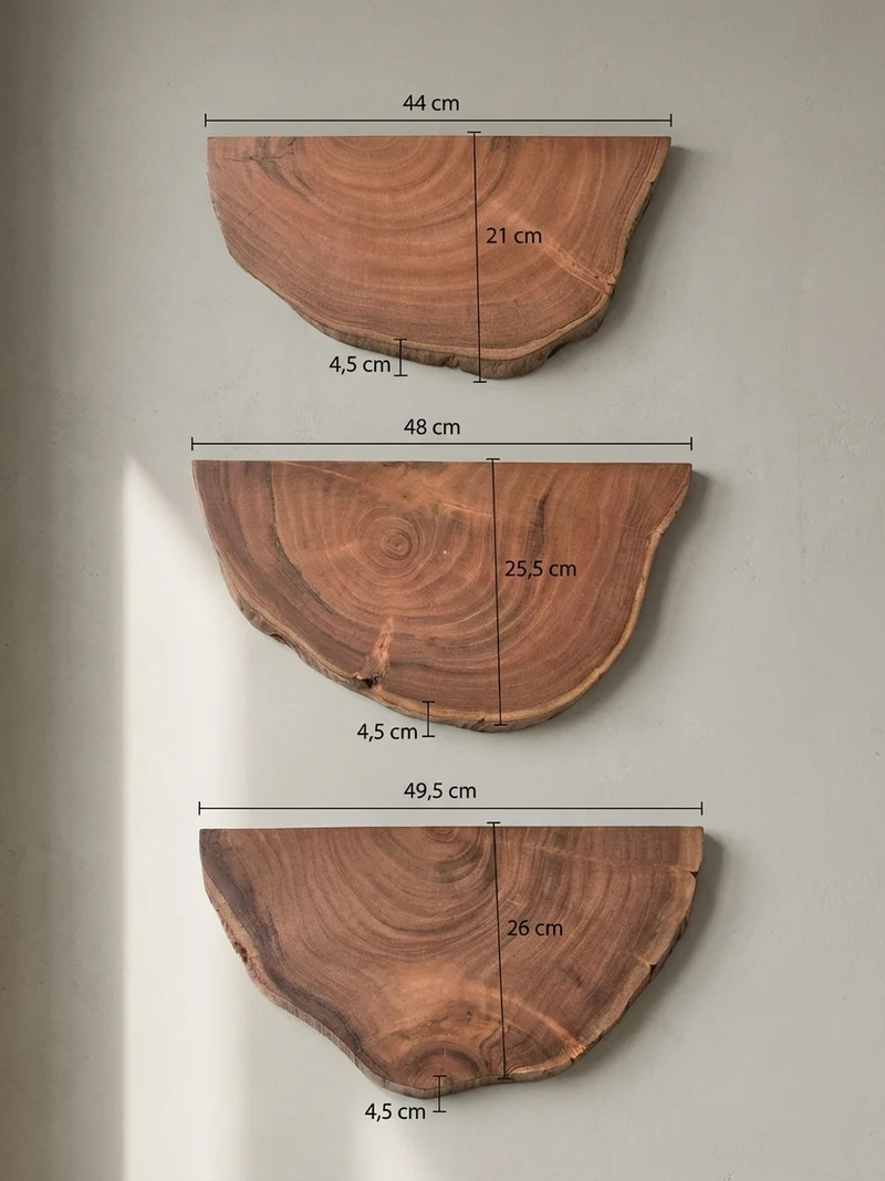Wandregal Akazie Massivholz Modern Stil 3er Set Baumscheibe mit Baumkante