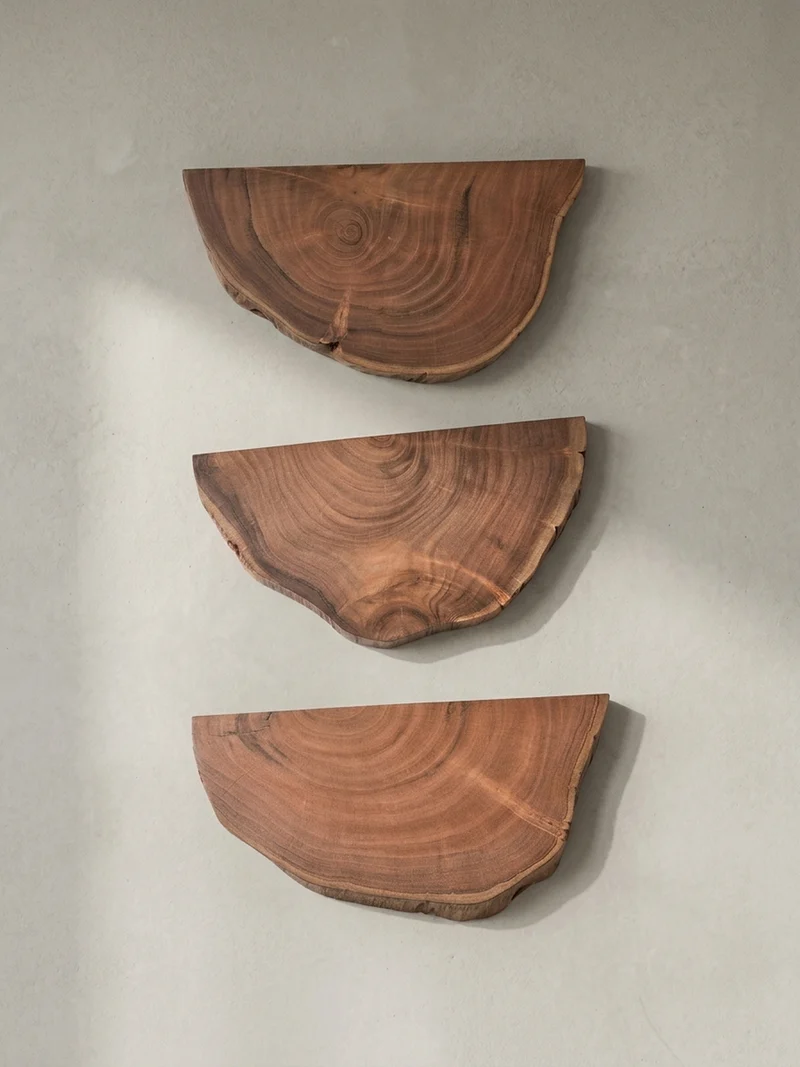 Wandregal Akazie Massivholz Modern Stil 3er Set Baumscheibe mit Baumkante