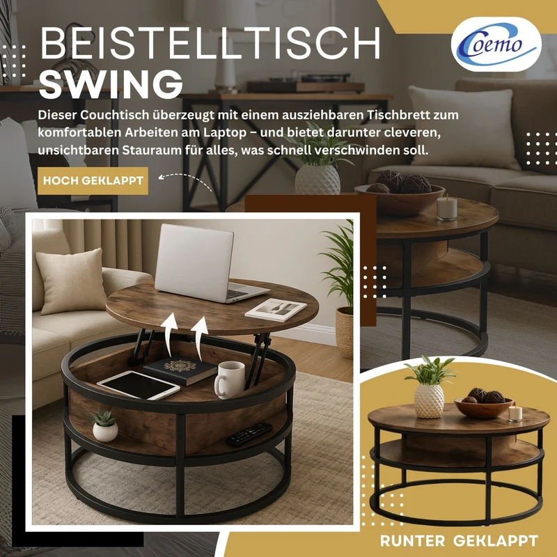 Coemo Beistelltisch Swing aus Metall & Holz mit verstellbarer Tischplatte & Aufbewahrungsfach