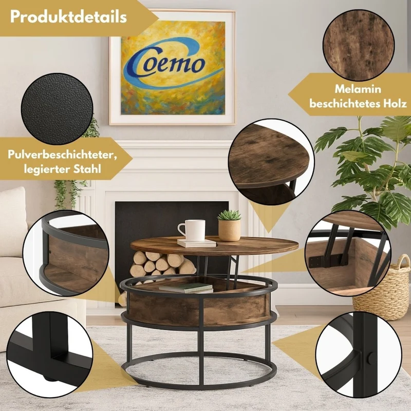 Coemo Beistelltisch Swing aus Metall & Holz mit verstellbarer Tischplatte & Aufbewahrungsfach