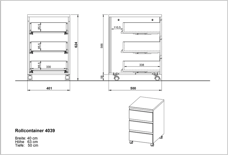 Rollcontainer 40x63 cm | Soft-Close & Mobil | Büro & Home Office