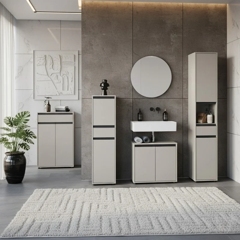 Badmöbel-Set 5-teilig XXL | Hochschrank, Unterschrank, Midischrank, Badkommode, Runder Spiegel | Soft-Close & Matt