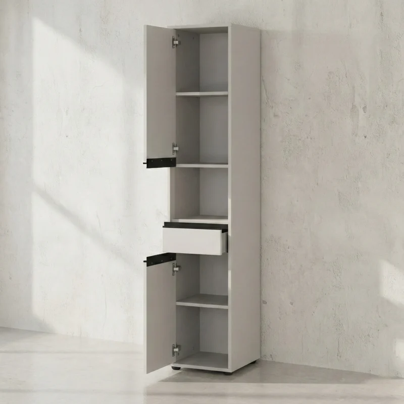 Badmöbel-Set 4-teilig | Runder Spiegel, Hochschrank, Unterschrank, Midischrank | Soft-Close & Matt