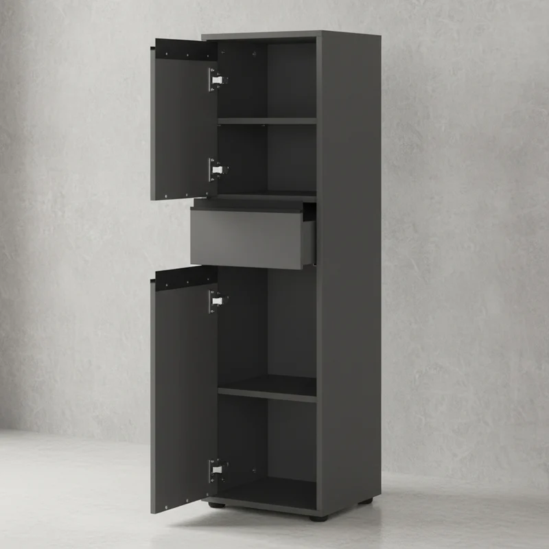 Badmöbel-Set 4-teilig | Runder Spiegel, Hochschrank, Unterschrank, Midischrank | Soft-Close & Matt