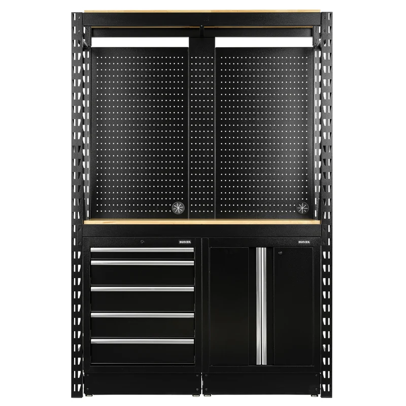 BUNKER 15 Piece Modular Storage Combo 2 Tier Racking with Shelving, Pegboards & Floor Cabinets, 1500mm