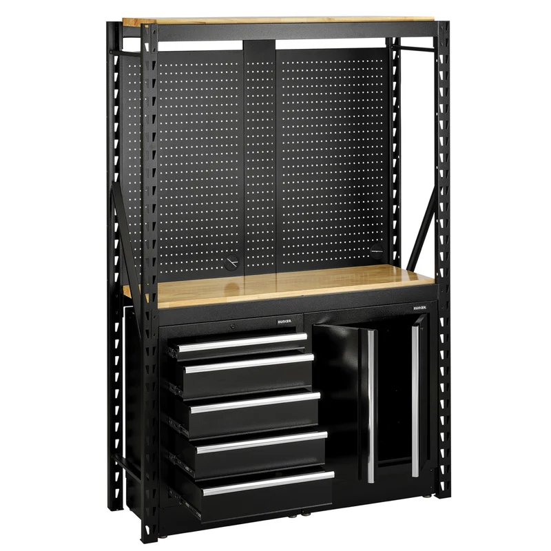 BUNKER 15 Piece Modular Storage Combo 2 Tier Racking with Shelving, Pegboards & Floor Cabinets, 1500mm