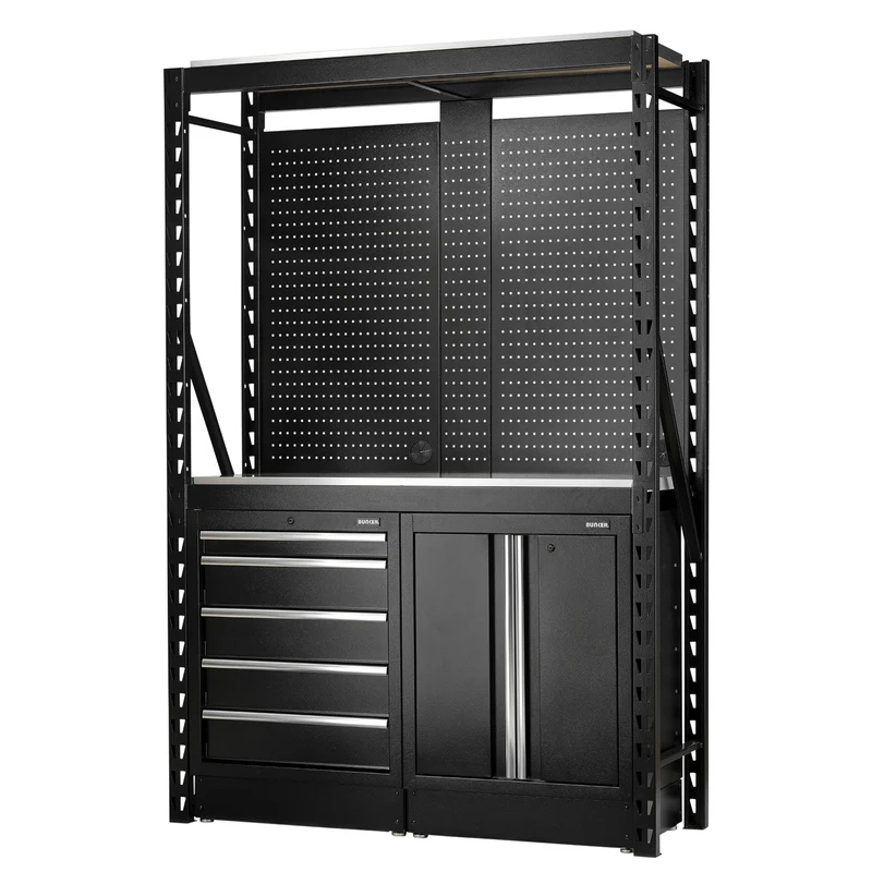 BUNKER 15 Piece Modular Storage Combo 2 Tier Racking with Shelving, Pegboards & Floor Cabinets, 1500mm
