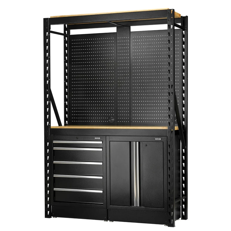 BUNKER 15 Piece Modular Storage Combo 2 Tier Racking with Shelving, Pegboards & Floor Cabinets, 1500mm