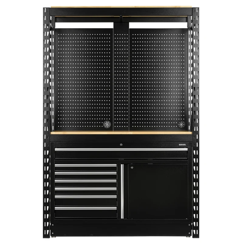 BUNKER 14 Piece Modular Storage Combo 2 Tier Racking with Pegboards and Floor Cabinet, 1500mm