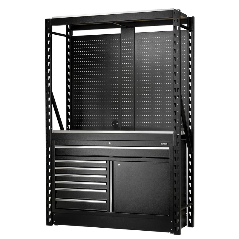 BUNKER 14 Piece Modular Storage Combo 2 Tier Racking with Pegboards and Floor Cabinet, 1500mm