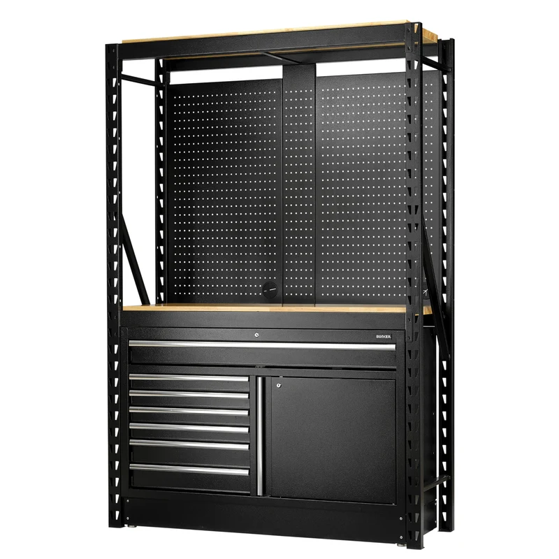 BUNKER 14 Piece Modular Storage Combo 2 Tier Racking with Pegboards and Floor Cabinet, 1500mm