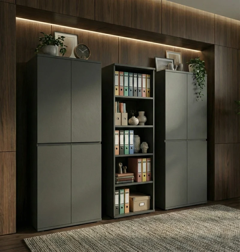 Büro-Set STUTTGART/FRANKFURT 3-teilig | 242x197cm | Schrankwand 5 Ordnerhöhen Soft-Close Graphit