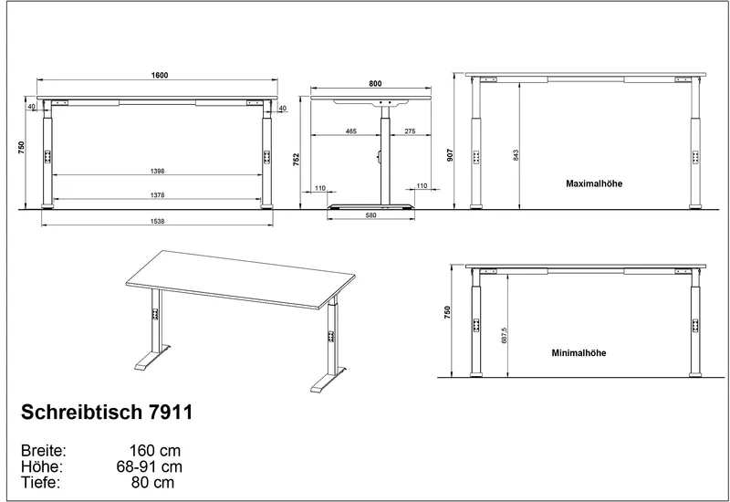 Schreibtisch | Höhenverstellbar (68-91 cm) & C-Fuß