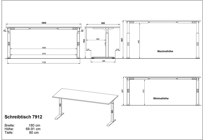 Schreibtisch | Höhenverstellbar (68-91 cm) & C-Fuß