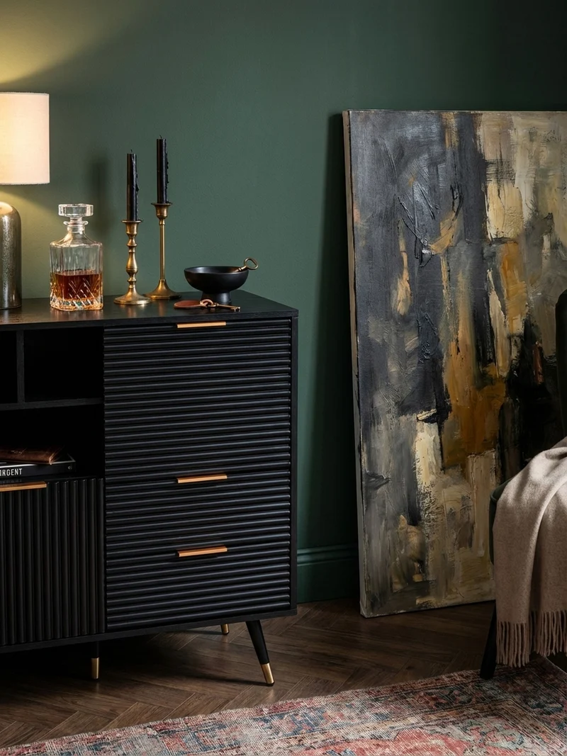 Sideboard – Schwarz/Eiche-Dekor, 77x97x40 cm, mit Türen, Schubladen, Regal, Metallbeine
