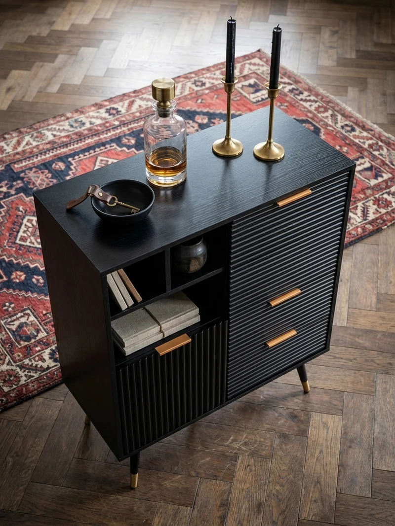 Sideboard – Schwarz/Eiche-Dekor, 77x97x40 cm, mit Türen, Schubladen, Regal, Metallbeine