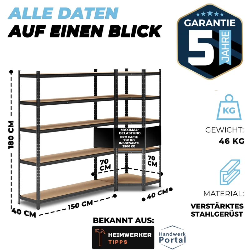 ALLSHELF Eckregal 1x 180x150x40cm + 1x 180x70x40cm