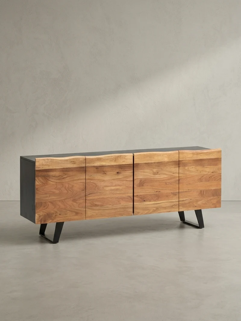 Sideboard – Akazie Massivholz, 180x75x45 cm, mit Baumkante, Türen, Metallbeine