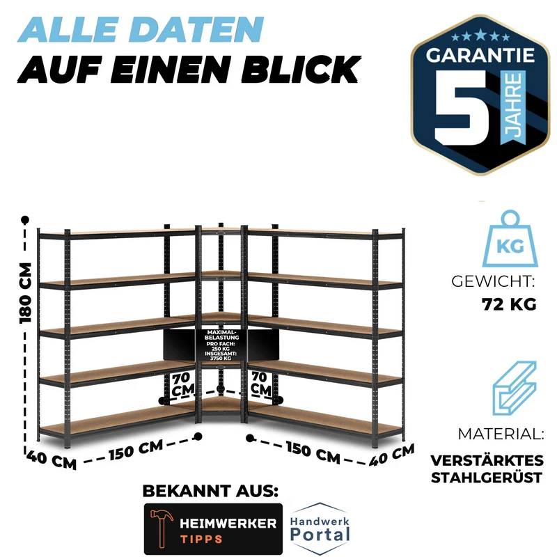 ALLSHELF Eckregal 2x 180x150x40cm + 1x 180x70x40cm