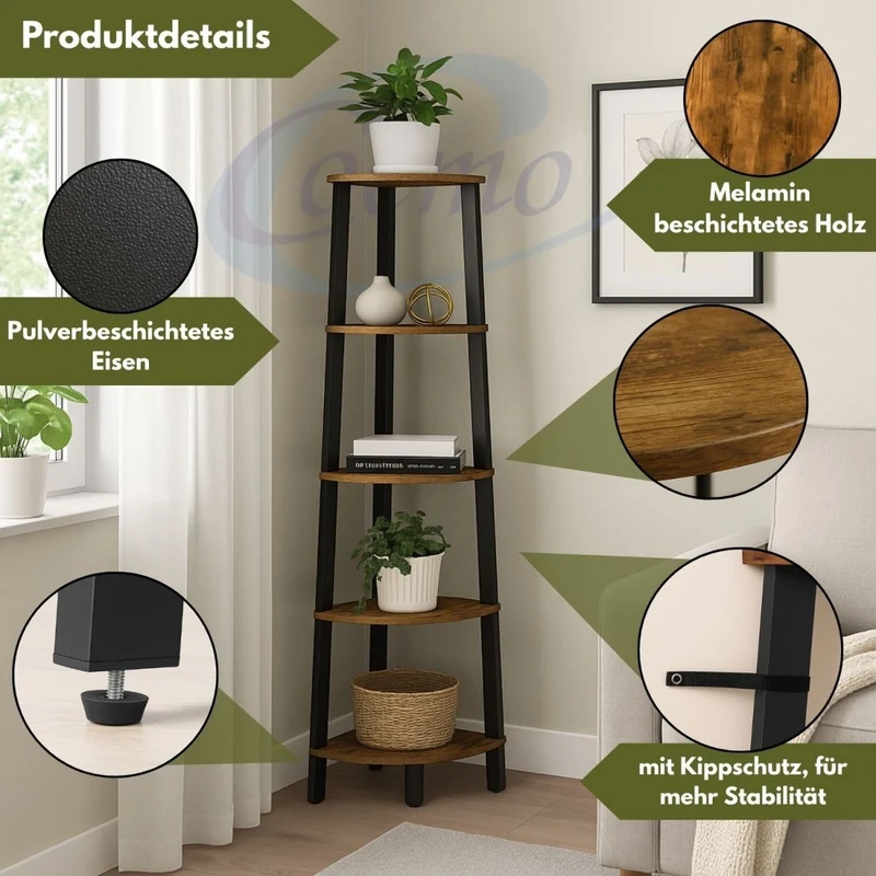 Mein-Regal 3-seitiges Eckregal Vintage Metallregal mit 5 Holz Regalböden