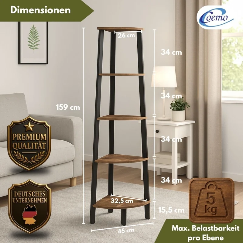 Mein-Regal 3-seitiges Eckregal Vintage Metallregal mit 5 Holz Regalböden