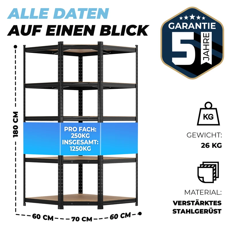 ALLSHELF Eckregal Schwerlastregal 180x90x60cm