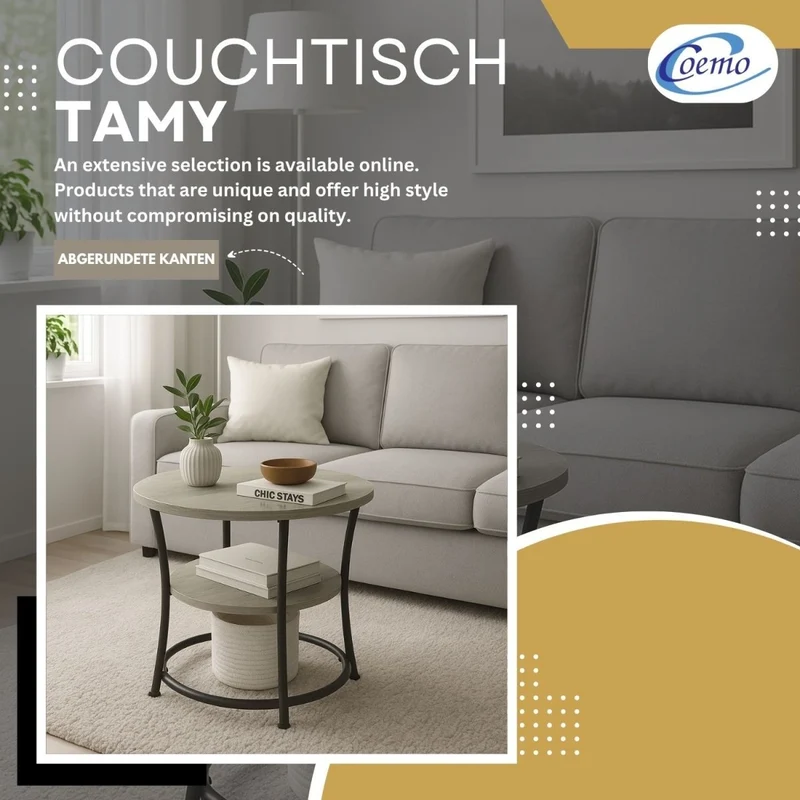 Coemo Couchtisch Tamy 2 Ebenen - Holz mit Metallrahmen - Ø 55 cm x 55 cm
