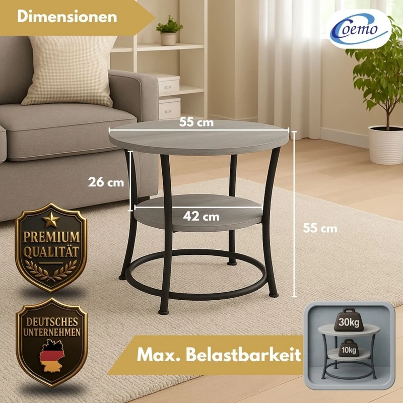 Coemo Couchtisch Tamy 2 Ebenen - Holz mit Metallrahmen - Ø 55 cm x 55 cm