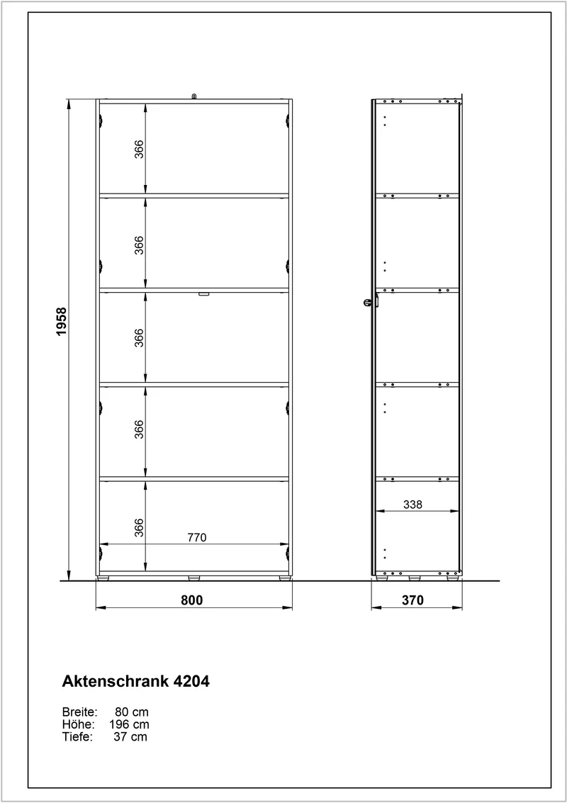 Aktenschrank 80x37x196cm | 5 Ordnerhöhen | Glasfront & Abschließbar
