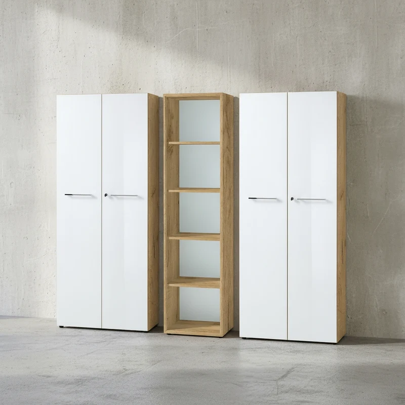 Büro-Set 3-teilig | 210cm breit Glasfront | 2 Schrank Abschließbar & Regal
