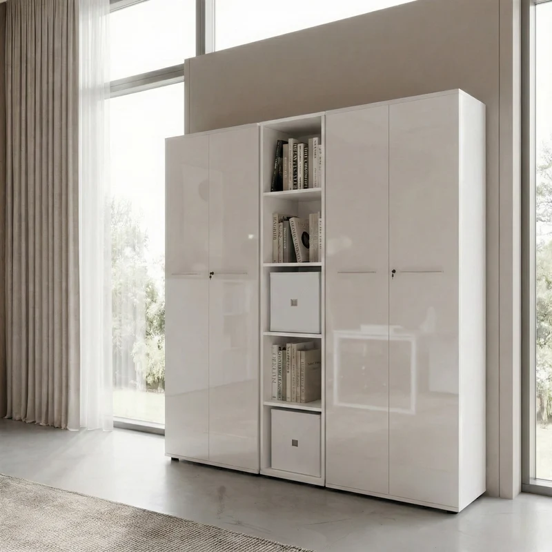 Büro-Set 3-teilig | 210cm breit Glasfront | 2 Schrank Abschließbar & Regal