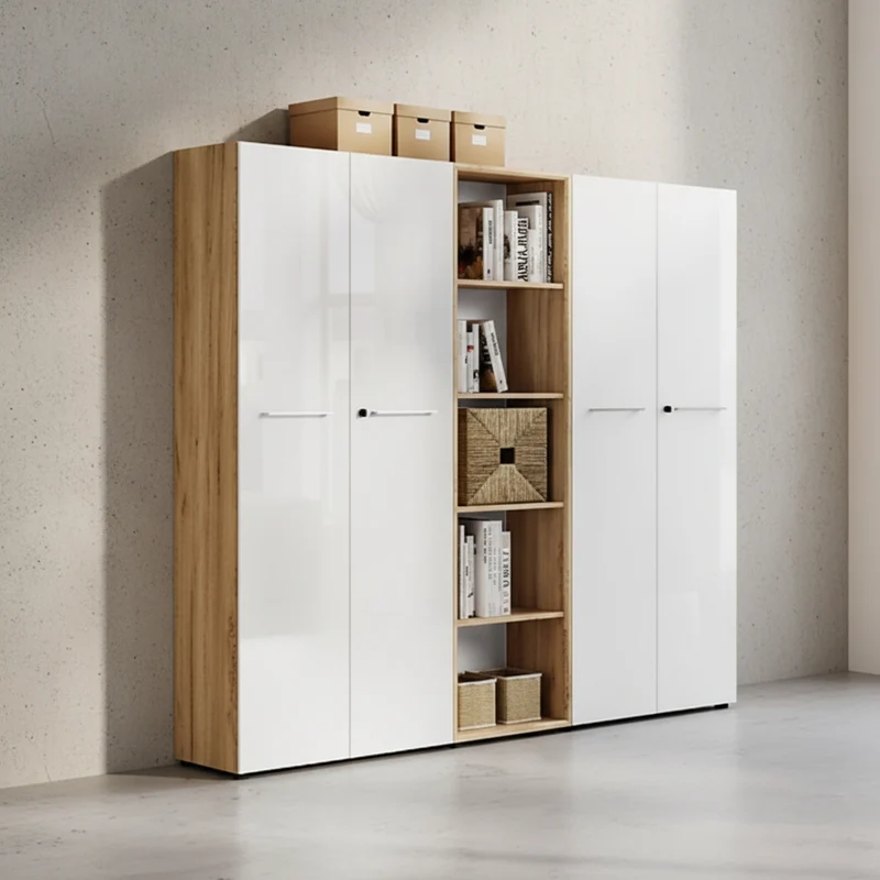 Büro-Set 3-teilig | 210cm breit Glasfront | 2 Schrank Abschließbar & Regal