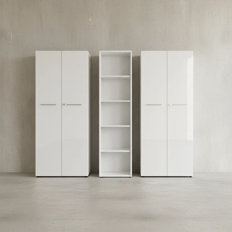Büro-Set 3-teilig | 210cm breit Glasfront | 2 Schrank Abschließbar & Regal