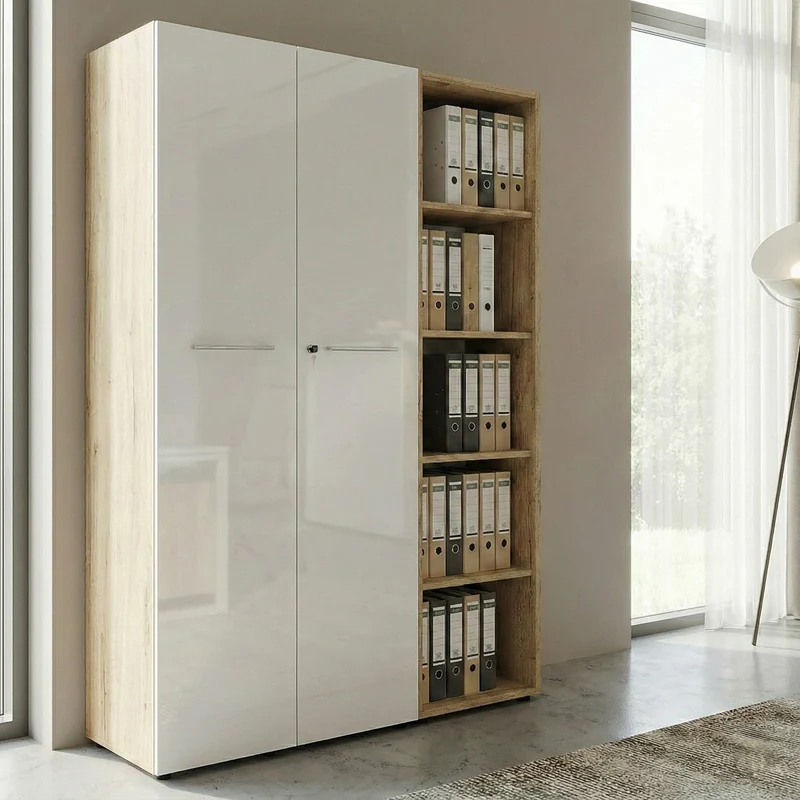 Büro-Set 2-teilig | Schrank & Regal 5 OH | Glas Front & Abschließbar