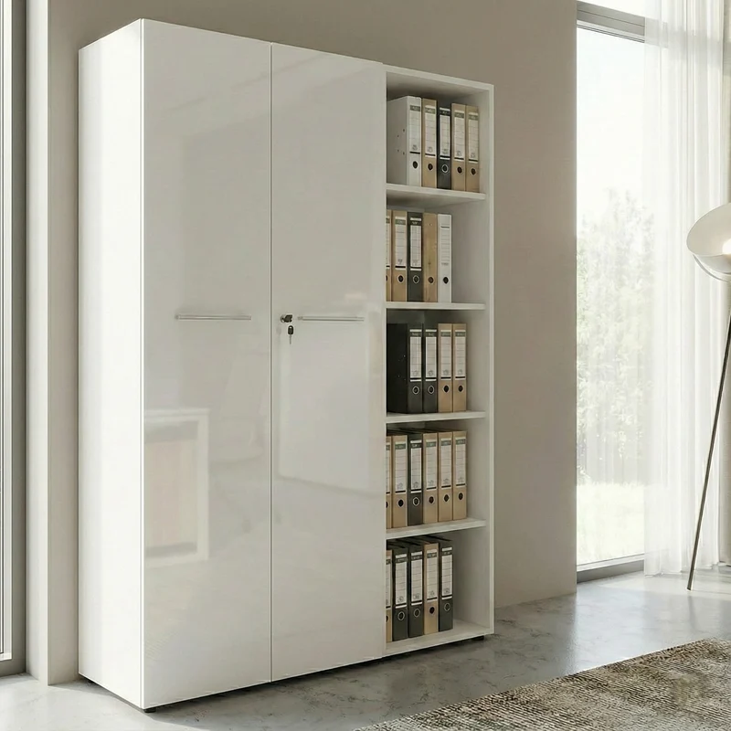 Büro-Set 2-teilig | Schrank & Regal 5 OH | Glas Front & Abschließbar