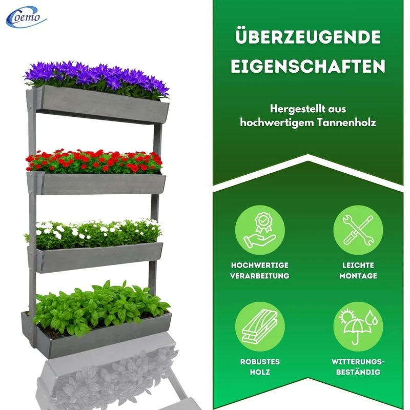 Coemo Vertikalbeet Vera aus Holz Hochbeet 4 Etagen Kästen höhenverstellbar und neigbar