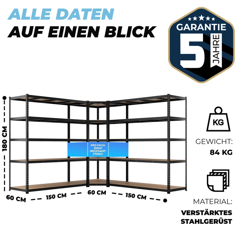ALLSHELF Eckregal 2x 180x150x60cm + 1x 180x90x60cm