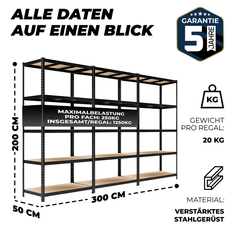 ALLSHELF Schwerlastregal-Set 200x100x50cm