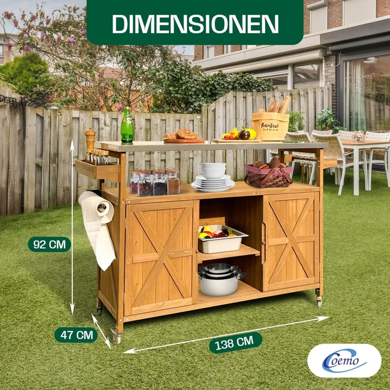 Coemo Servierwagen James aus Holz Kücheninsel/-wagen Tischplatte Edelstahl und Rollen
