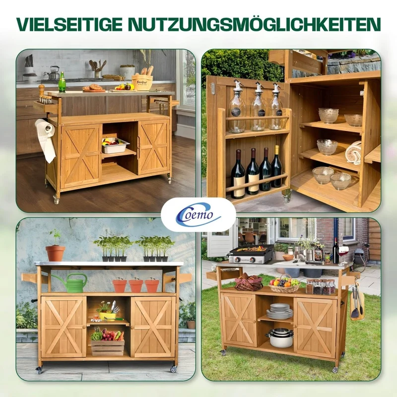 Coemo Servierwagen James aus Holz Kücheninsel/-wagen Tischplatte Edelstahl und Rollen