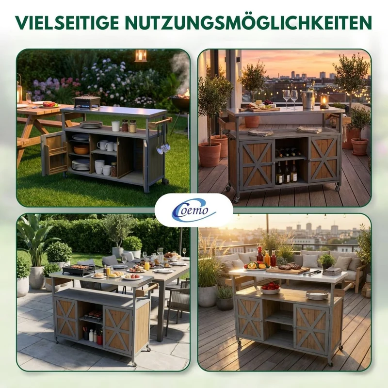 Coemo Servierwagen James aus Holz Kücheninsel/-wagen Tischplatte Edelstahl und Rollen