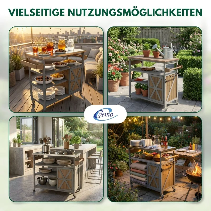 Coemo Servierwagen James aus Holz Kücheninsel/-wagen Tischplatte Edelstahl und Rollen