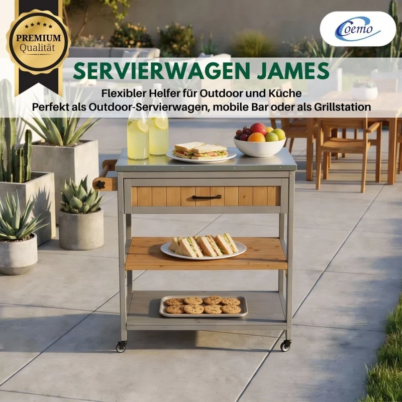 Coemo Servierwagen James aus Holz Kücheninsel/-wagen Tischplatte Edelstahl und Rollen