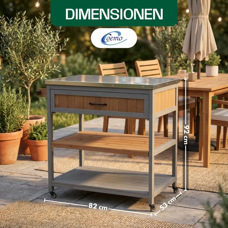 Coemo Servierwagen James aus Holz Kücheninsel/-wagen Tischplatte Edelstahl und Rollen
