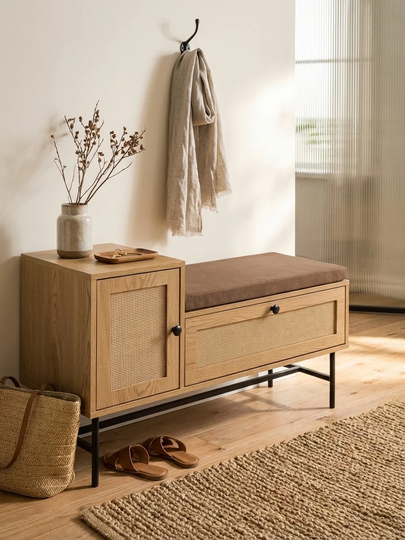Schuhbank – Eiche-Dekor, 100x60x38 cm, Rattan-Elemente, gepolstert, mit Stauraum