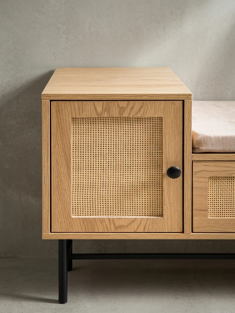 Schuhbank – Eiche-Dekor, 100x60x38 cm, Rattan-Elemente, gepolstert, mit Stauraum